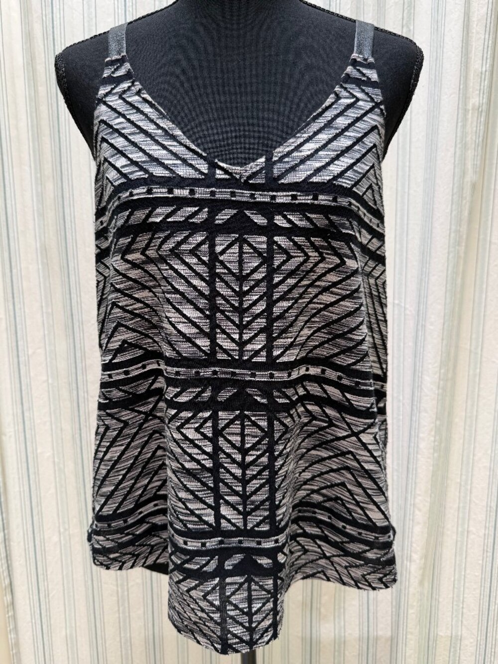 Ella Moss Black Gray Geometric Knit Tank Faux Leather Straps Trim Size S